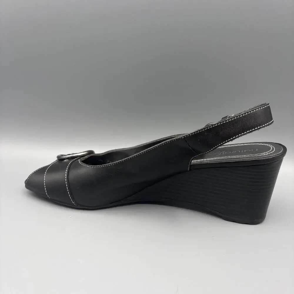 Natural Soul Shoes Size 9 Black Silver Buckle Sling Back Peep Toe Wedge Heels
